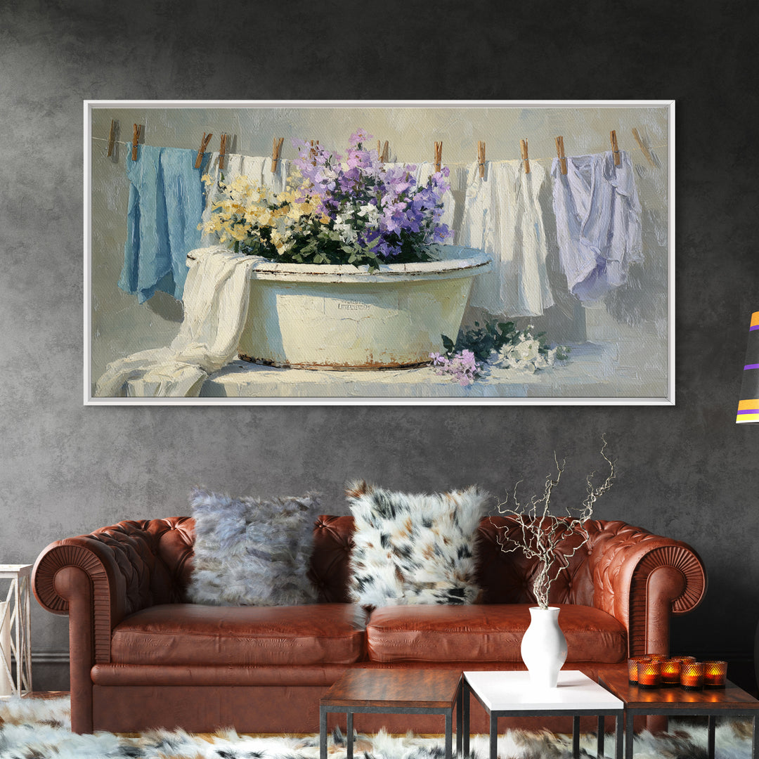 Old Enamel Basin Filled Framed Canvas Print, Laundry Room Art, Farmhouse Wall Art, Living Room Decor, Oil Painting, Clean, LRA-2x1-100