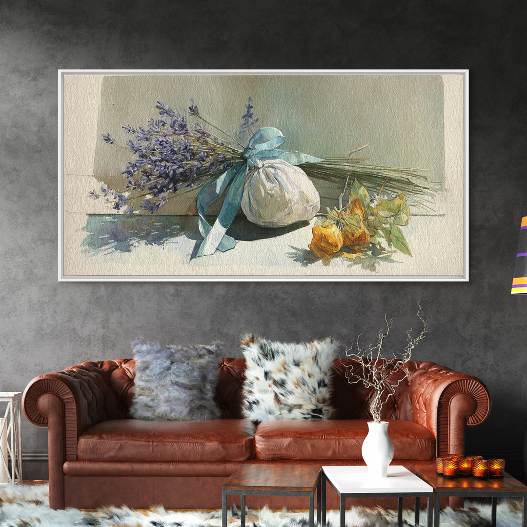 Lavender Sachet and Ribbon Still Life Framed Canvas Print, Laundry Room Art, Minimalist Decor, Living Room Decor, Clean, LRA-2x1-13