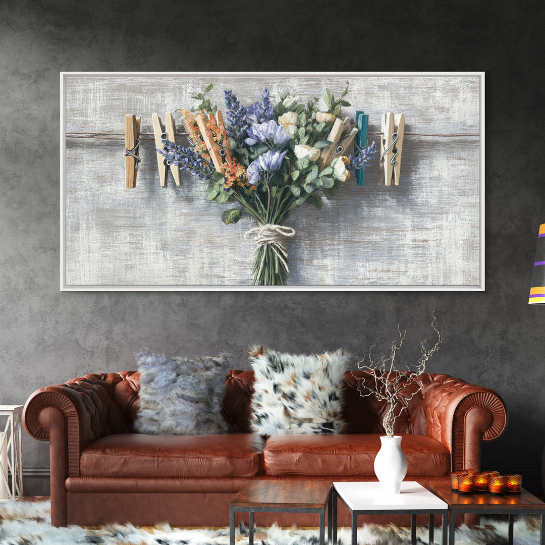 Clothespin Bouquet in Folk Art Style Framed Canvas Print, Laundry Room Art, Fine Art Print, Living Room Decor, Fine Art, Clean, LRA-2x1-16
