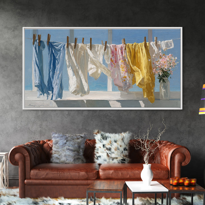 Clothesline with White Linens Blowing in Sunshine Canvas Print, Laundry Room Art, Home Decor, Living Room Decor, Clean, LRA-2x1-21