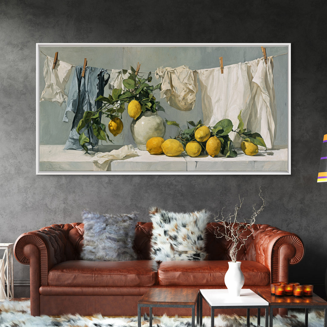 Lemon and Clean Linen Still Life Framed Canvas Print, Laundry Room Art, Digital Wall Art, Living Room Decor, Abstract Art, LRA-2x1-23