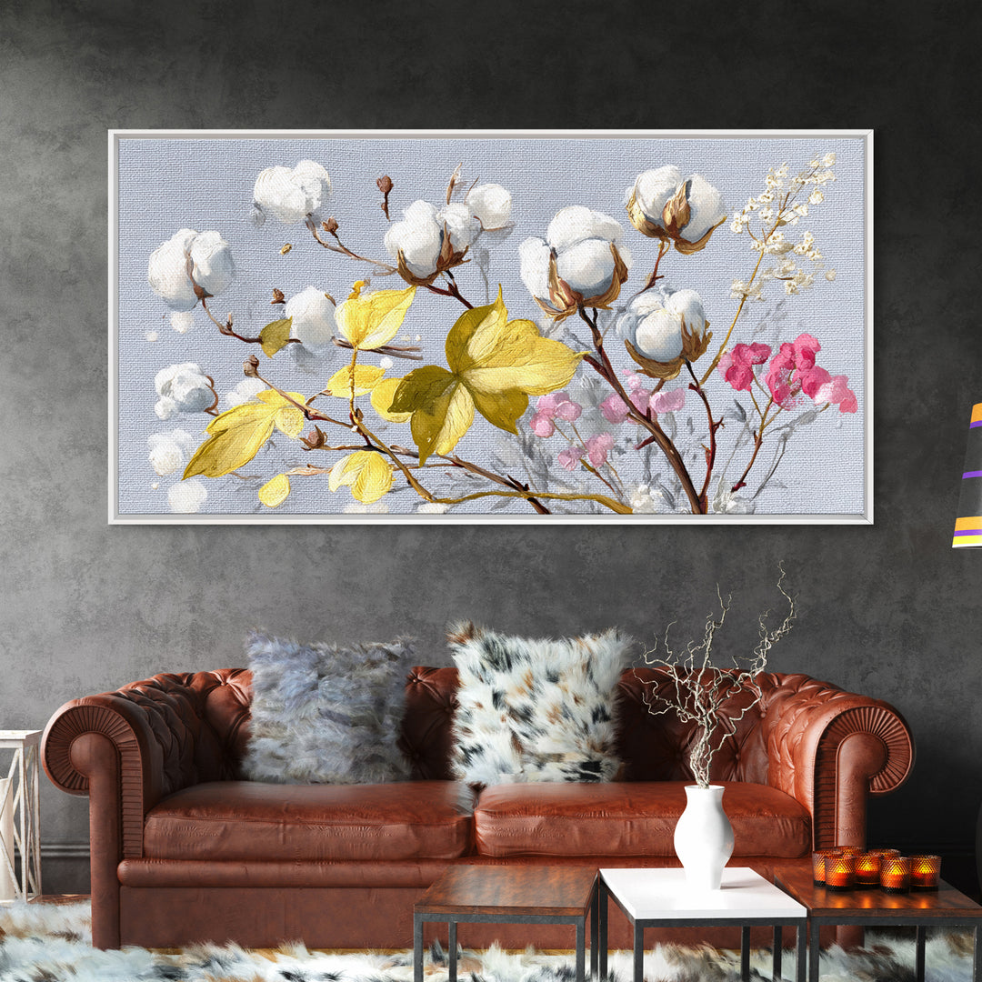 Fresh Cotton Branch Botanical Study Framed Canvas Print, Laundry Room Art, Fine Art Print, Living Room Decor, Fine Art, Clean, LRA-2x1-27