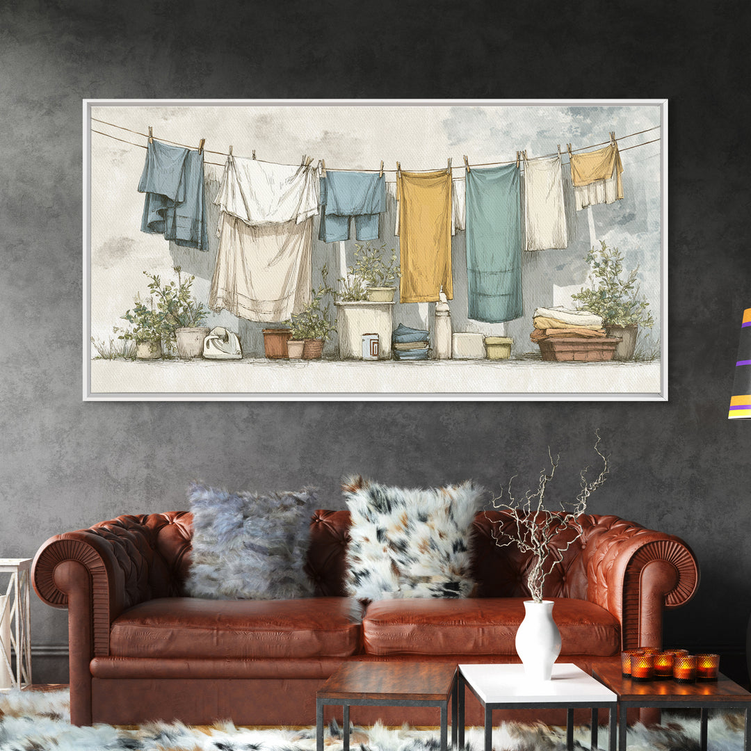 Retro Iron Illustration Framed Canvas Print, Laundry Room Art, Living Room Decor, Watercolor Art, Clean, Wall Art Print, LRA-2x1-29