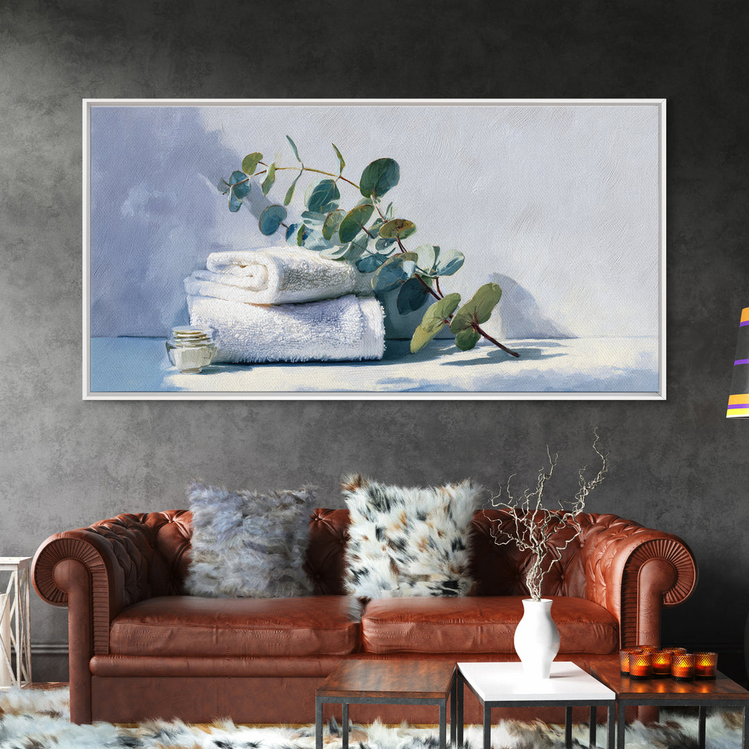 Sunlit White Towels and Eucalyptus Branch Canvas Print, Laundry Room Art, Digital Print, Living Room Decor, Fine Art, Clean, LRA-2x1-31