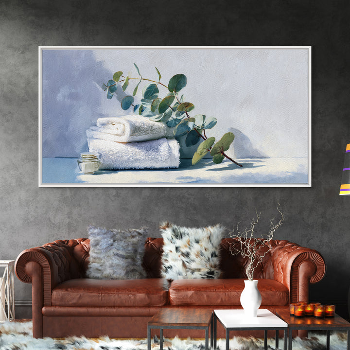 Sunlit White Towels and Eucalyptus Branch Canvas Print, Laundry Room Art, Digital Print, Living Room Decor, Fine Art, Clean, LRA-2x1-31