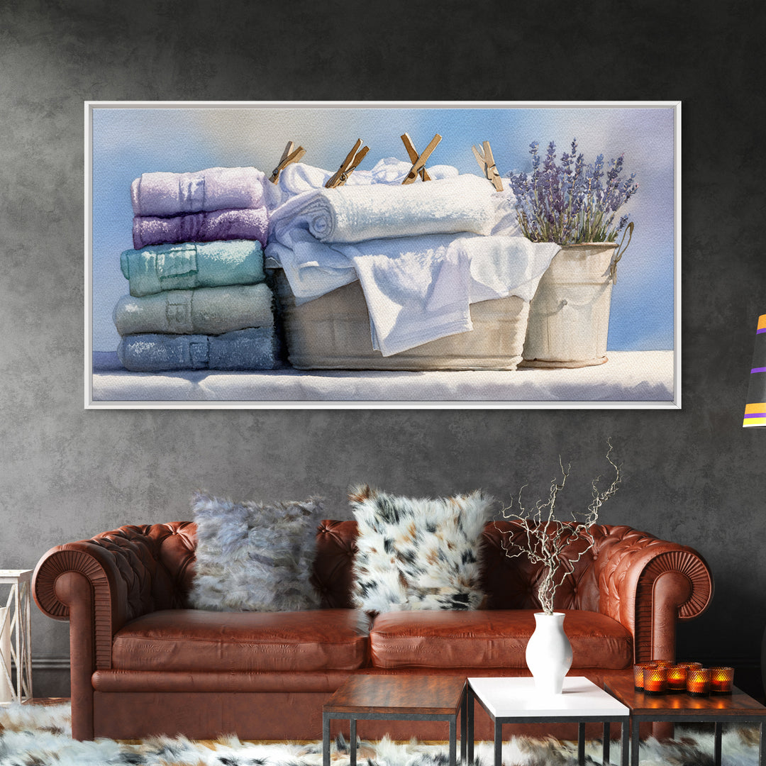 Basket of Folded Towels Framed Canvas Print, Laundry Room Art, Art Print, Living Room Decor, Fine Art, Clean, Artwork, LRA-2x1-34