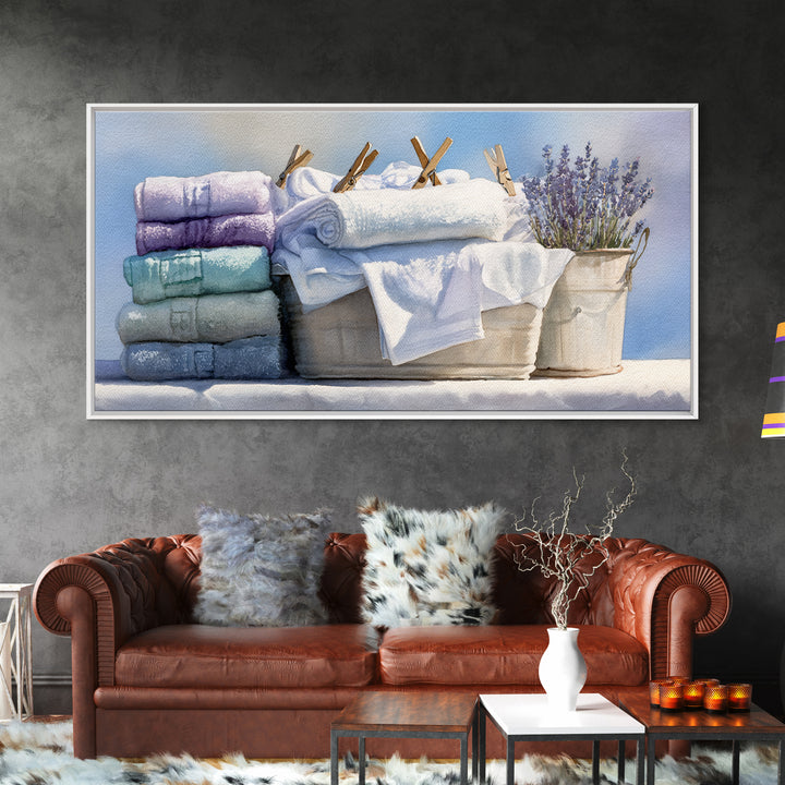 Basket of Folded Towels Framed Canvas Print, Laundry Room Art, Art Print, Living Room Decor, Fine Art, Clean, Artwork, LRA-2x1-34