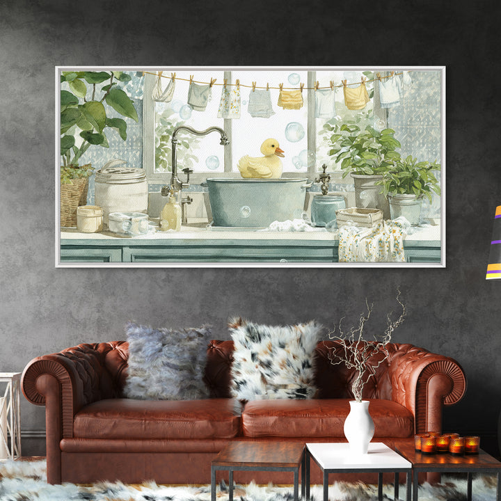 Duck and Bubbles Whimsical Watercolor Framed Canvas Print, Laundry Room Art, Living Room Decor, Oil Painting, Clean, LRA-2x1-35