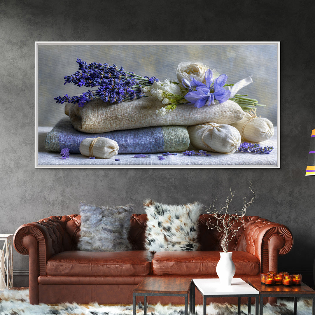Lavender Sachet and Ribbon Still Life Framed Canvas Print, Laundry Room Art, Minimalist Decor, Living Room Decor, Clean, LRA-2x1-37