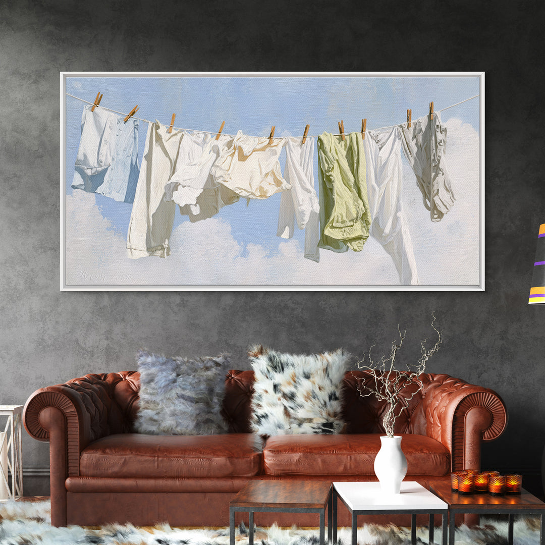 Clothesline with White Linens Blowing in Sunshine Canvas Print, Laundry Room Art, Digital Wall Art, Living Room Decor, Clean, LRA-2x1-45