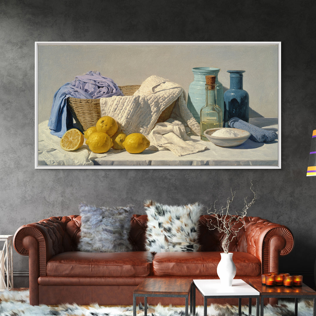 Lemon and Clean Linen Still Life Canvas Print, Laundry Room Art, Farmhouse Decor, Living Room Decor, Abstract Art, Clean, LRA-2x1-47