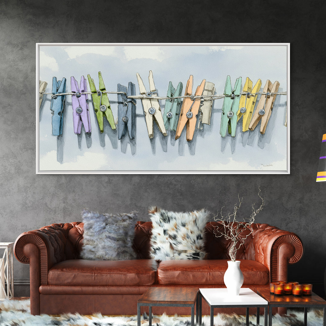 Cheerful Clothespins Arranged as Pattern Canvas Print, Laundry Room Art, Digital Art, Living Room Decor, Fine Art, Clean, LRA-2x1-48