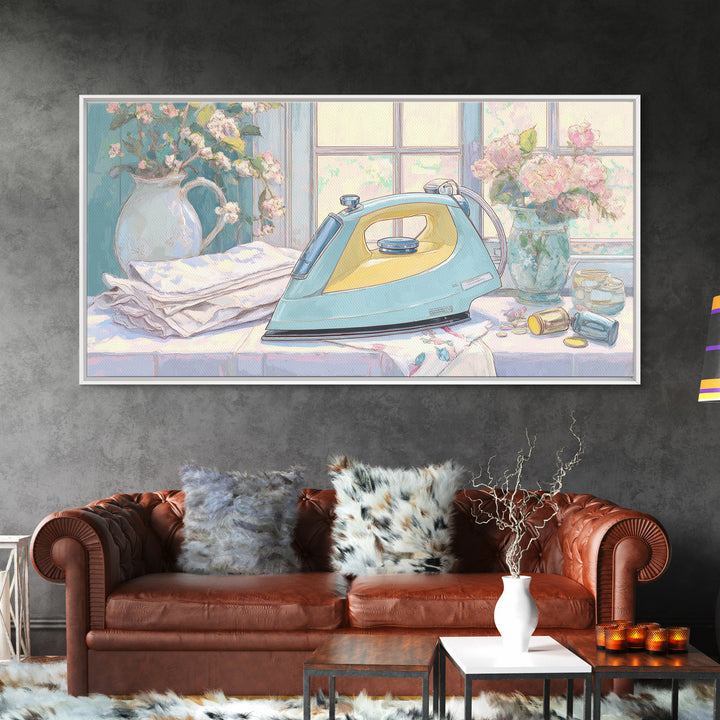 Retro Iron Illustration Framed Canvas Print, Laundry Room Art, Living Room Decor, Watercolor Art, Clean, Wall Art Print, LRA-2x1-5