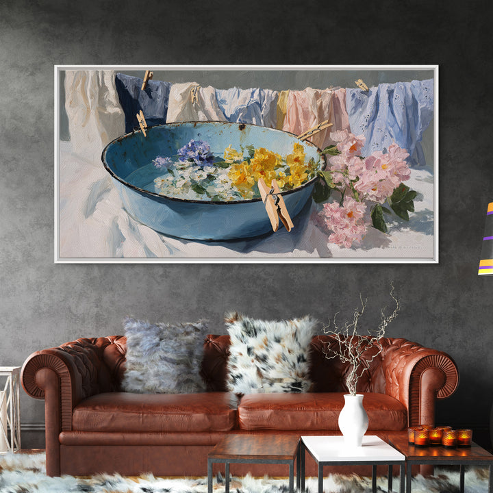 Old Enamel Basin Filled Canvas Print, Laundry Room Art, Printable Wall Art, Living Room Decor, Watercolor Art, Clean, LRA-2x1-52