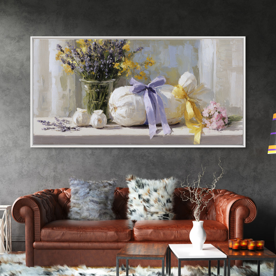 Lavender Sachet and Ribbon Still Life Canvas Print, Laundry Room Art, Printable Wall Art, Living Room Decor, Fine Art, Clean, LRA-2x1-61