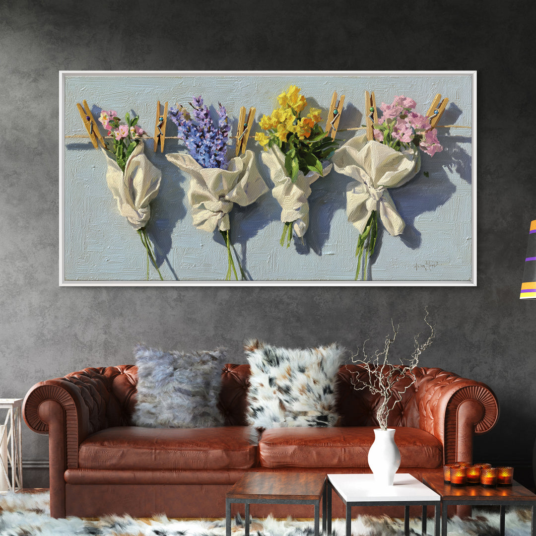 Clothespin Bouquet in Folk Art Style Canvas Print, Laundry Room Art, Artwork, Living Room Decor, Clean, Minimalist Wall Art, LRA-2x1-64