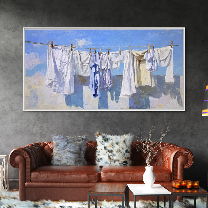 Clothesline with White Linens Blowing in Sunshine Canvas Print, Laundry Room Art, Farmhouse Decor, Living Room Decor, Clean, LRA-2x1-69