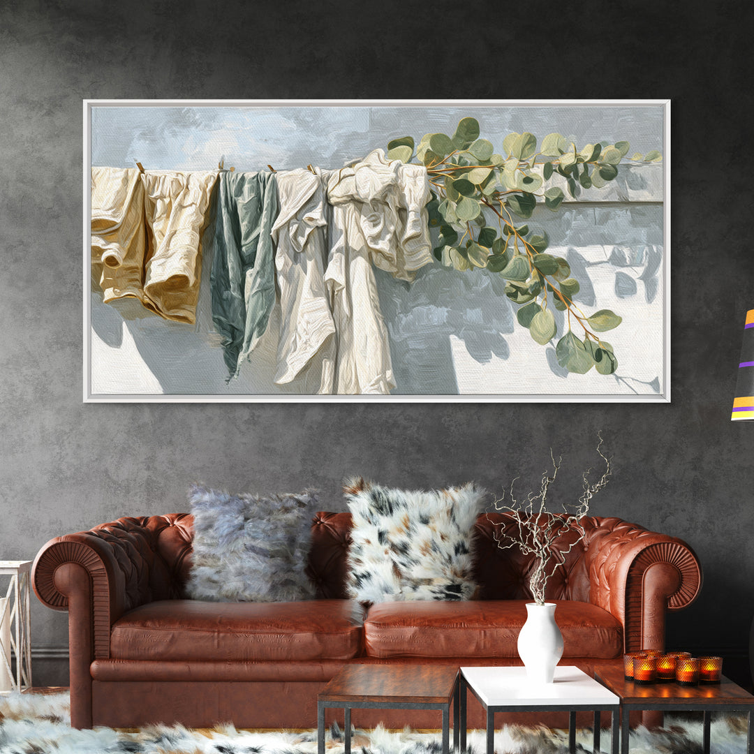 Sunlit White Towels and Eucalyptus Branch Framed Canvas Print, Laundry Room Art, Living Room Decor, Watercolor Art, Clean, LRA-2x1-7