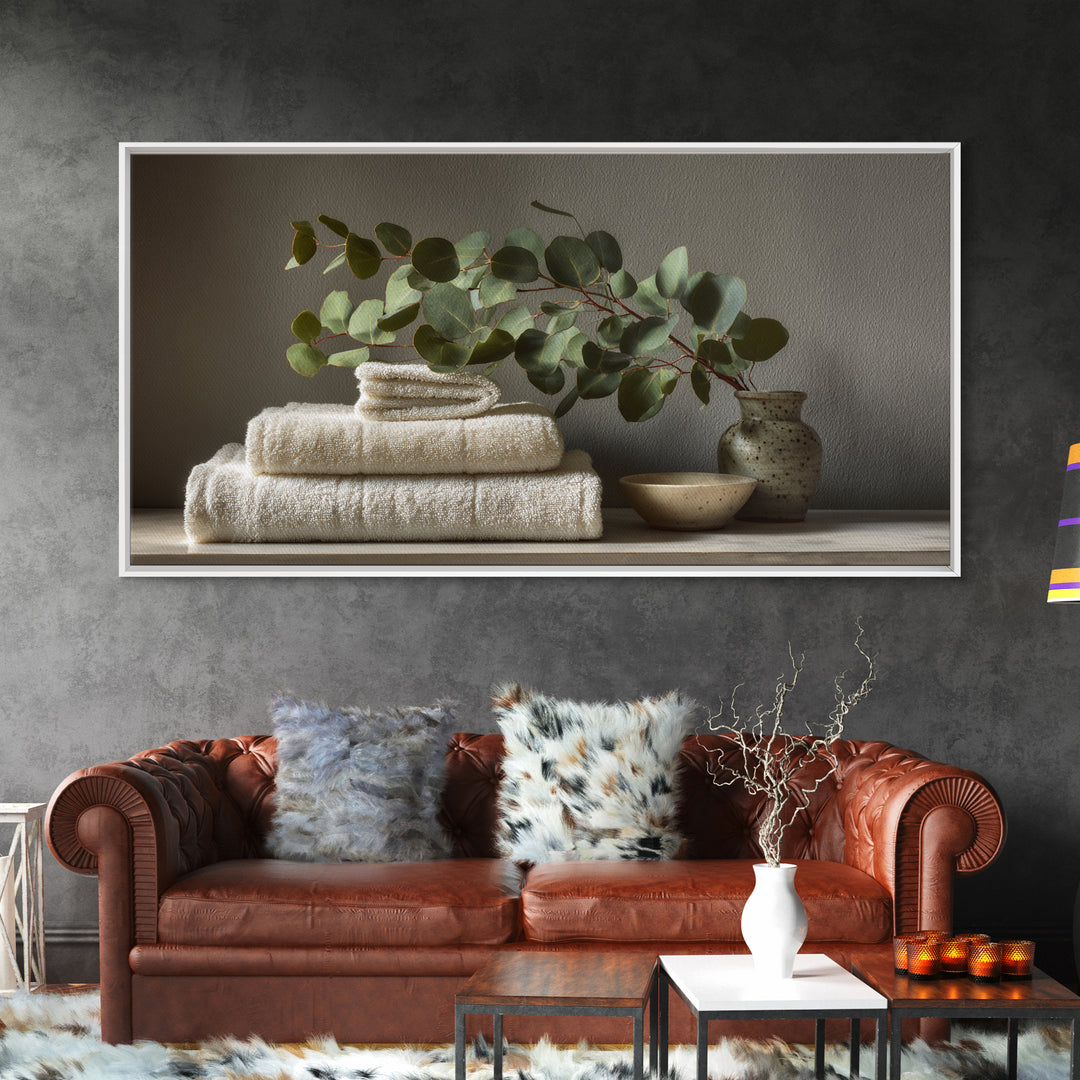 Sunlit White Towels and Eucalyptus Branch Canvas Print, Laundry Room Art, Gallery Wall Prints, Living Room Decor, Clean, LRA-2x1-79