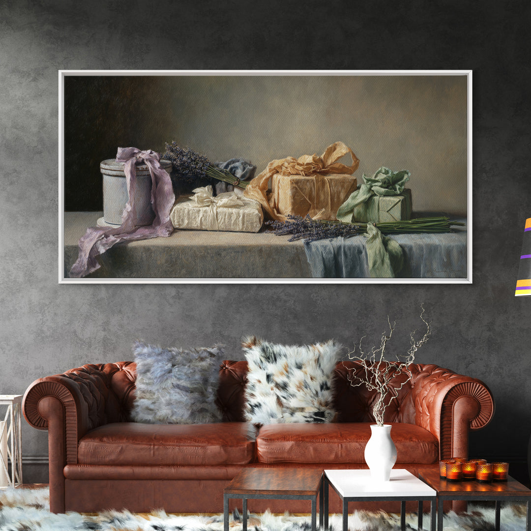 Lavender Sachet and Ribbon Still Life Framed Canvas Print, Laundry Room Art, Printable Art, Living Room Decor, Fine Art, Clean, LRA-2x1-85
