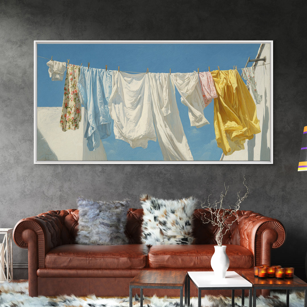 Clothesline with White Linens Blowing in Sunshine Canvas Print, Laundry Room Art, Farmhouse Decor, Living Room Decor, Clean, LRA-2x1-93