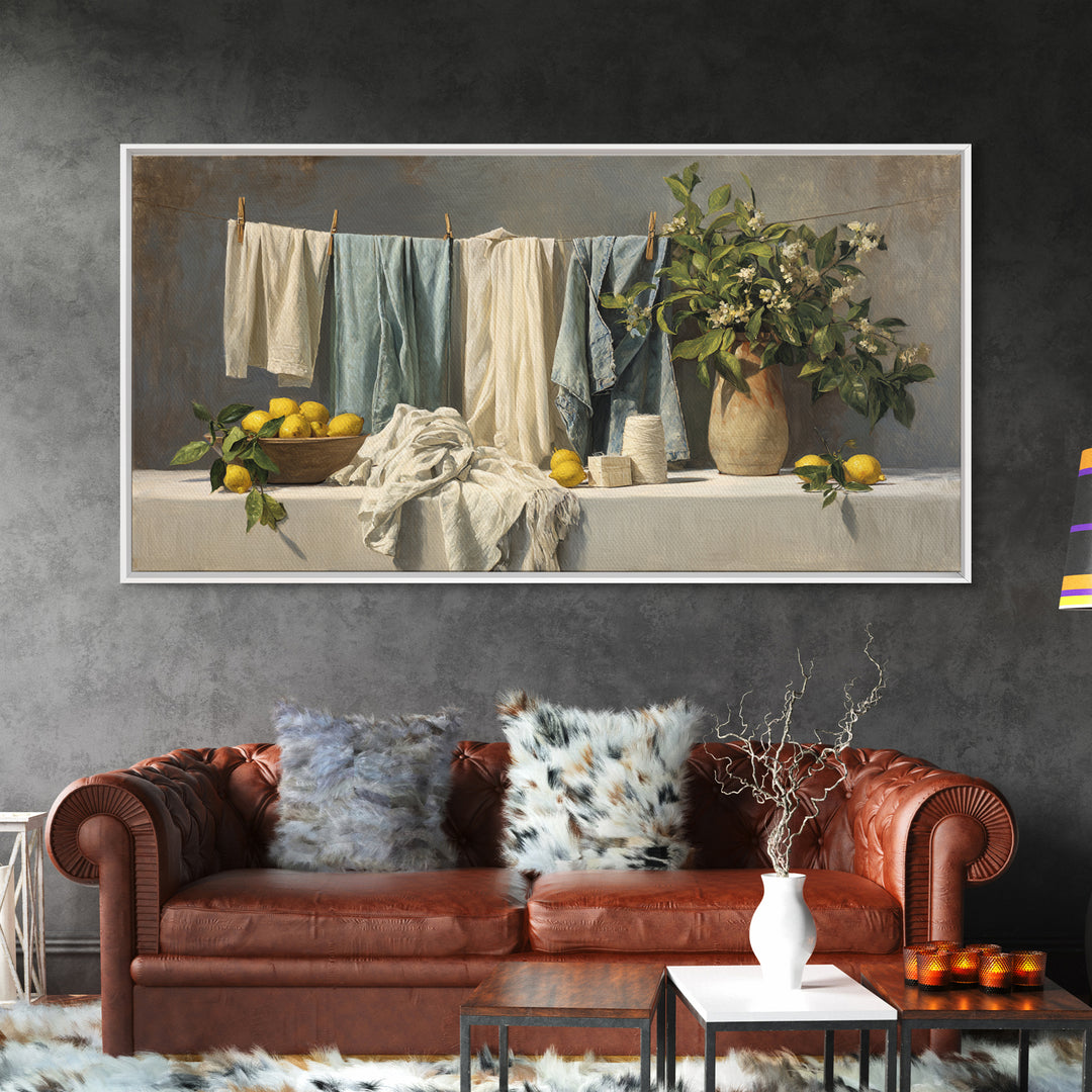 Lemon and Clean Linen Still Life Framed Canvas Print, Laundry Room Art, Digital Art Print, Living Room Decor, Fine Art, Clean, LRA-2x1-95