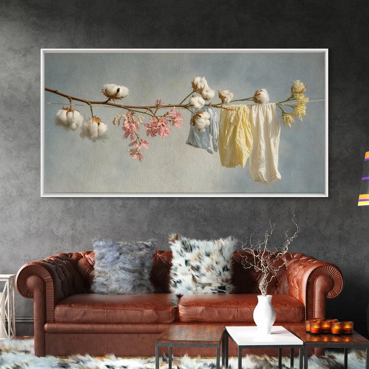 Fresh Cotton Branch Botanical Study Framed Canvas Print, Laundry Room Art, Wall Art Print, Living Room Decor, Watercolor Art, LRA-2x1-99