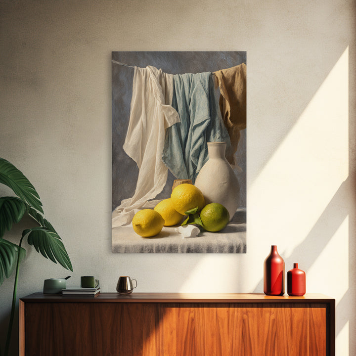 Lemon and Clean Linen Still Life Canvas Print, Laundry Room Art, Funny Poster, Living Room Decor, Clean, Minimalist Decor, LRA-2x3-11