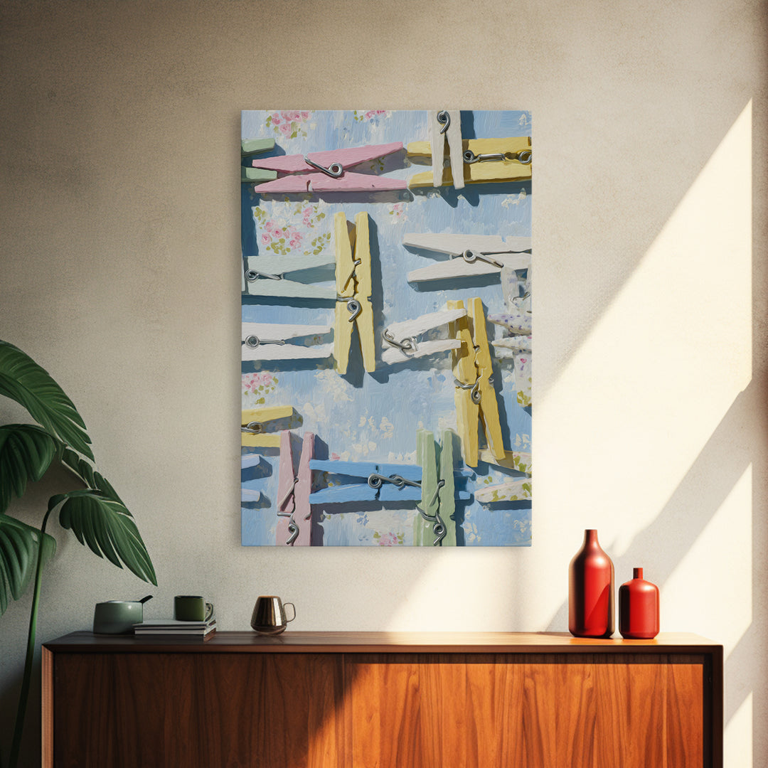 Cheerful Clothespins Arranged as Pattern Framed Canvas Print, Laundry Room Art, Minimalist Decor, Living Room Decor, LRA-2x3-12