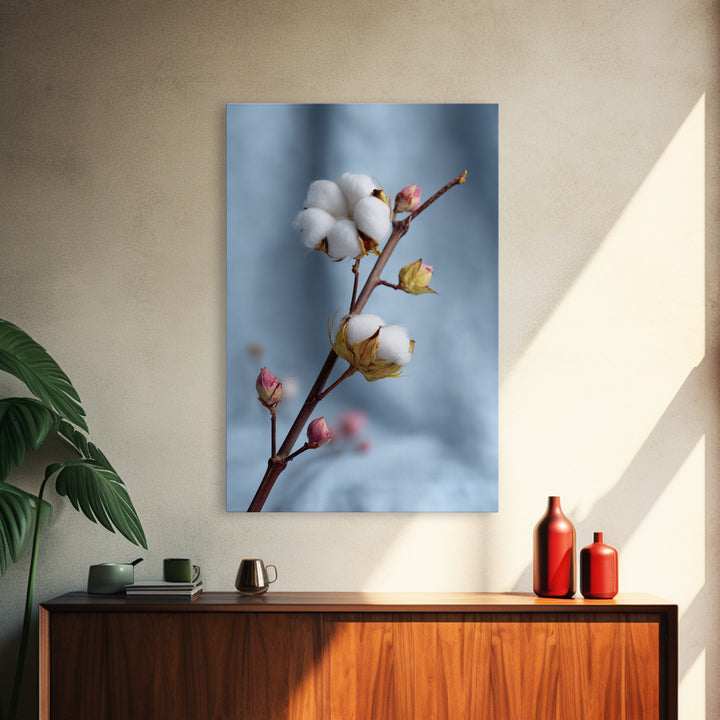 Fresh Cotton Branch Botanical Study Canvas Print, Laundry Room Art, Gallery Decor, Living Room Decor, Oil Painting, Clean, LRA-2x3-15