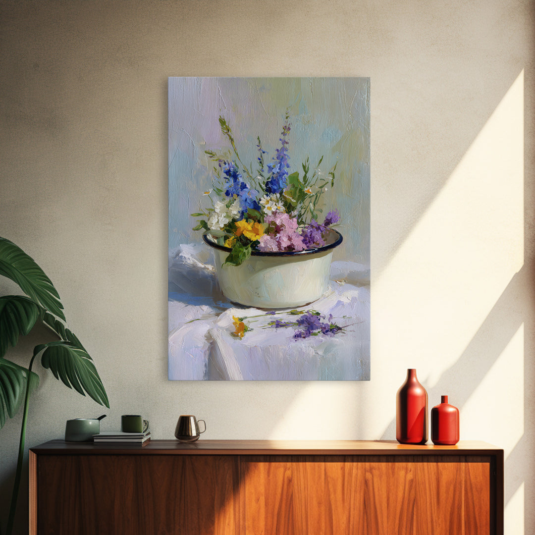 Old Enamel Basin Filled Canvas Print, Laundry Room Art, Whimsical Art, Living Room Decor, Fine Art, Clean, Statement Artwork, LRA-2x3-16