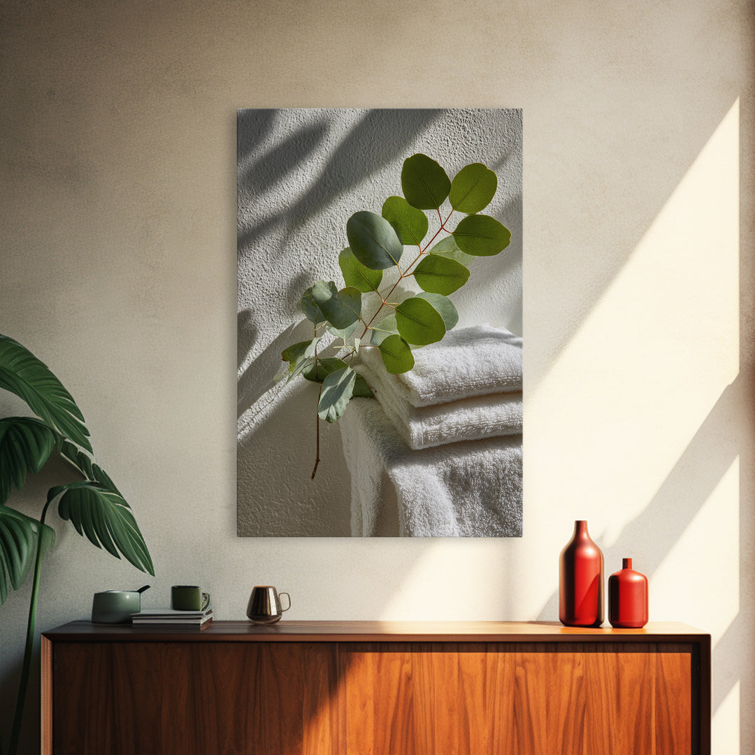 Sunlit White Towels and Eucalyptus Branch Framed Canvas Print, Laundry Room Art, Neutral Decor, Living Room Decor, LRA-2x3-19