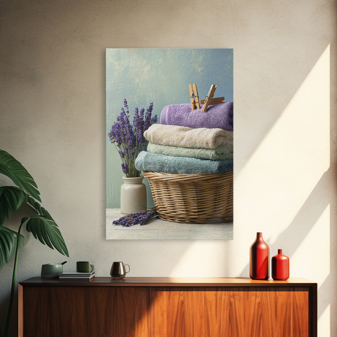 Basket of Folded Towels Framed Canvas Print, Laundry Room Art, Textured Painting, Living Room Decor, Fine Art, Clean, LRA-2x3-22