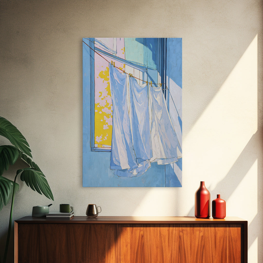 Simple Line Drawing of Hanging Laundry Framed Canvas Print, Laundry Room Art, Living Room Decor, Abstract Art, Clean, LRA-2x3-24