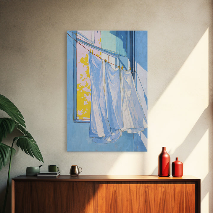 Simple Line Drawing of Hanging Laundry Framed Canvas Print, Laundry Room Art, Living Room Decor, Abstract Art, Clean, LRA-2x3-24
