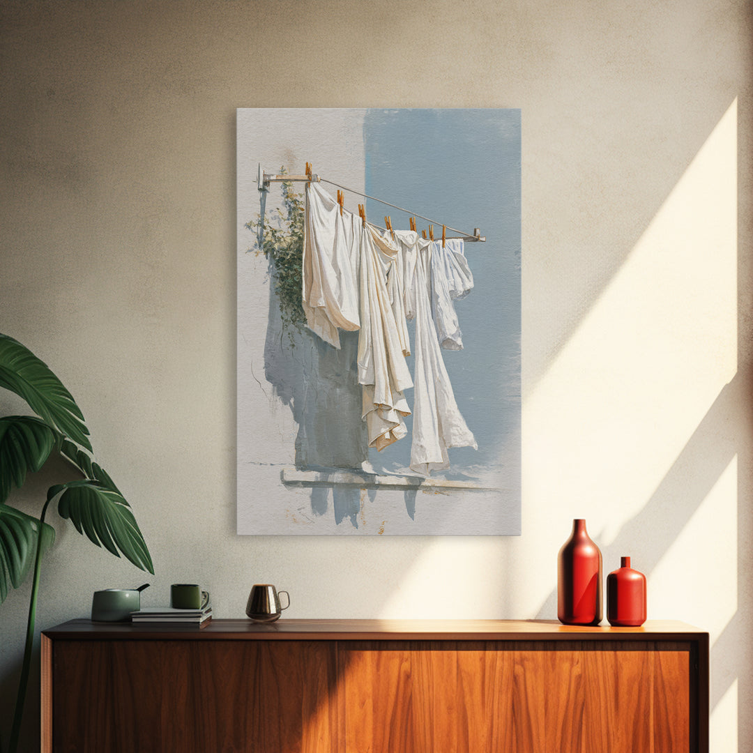 Clothesline with White Linens Blowing in Sunshine Canvas Print, Laundry Room Art, Digital Print, Living Room Decor, Clean, LRA-2x3-33
