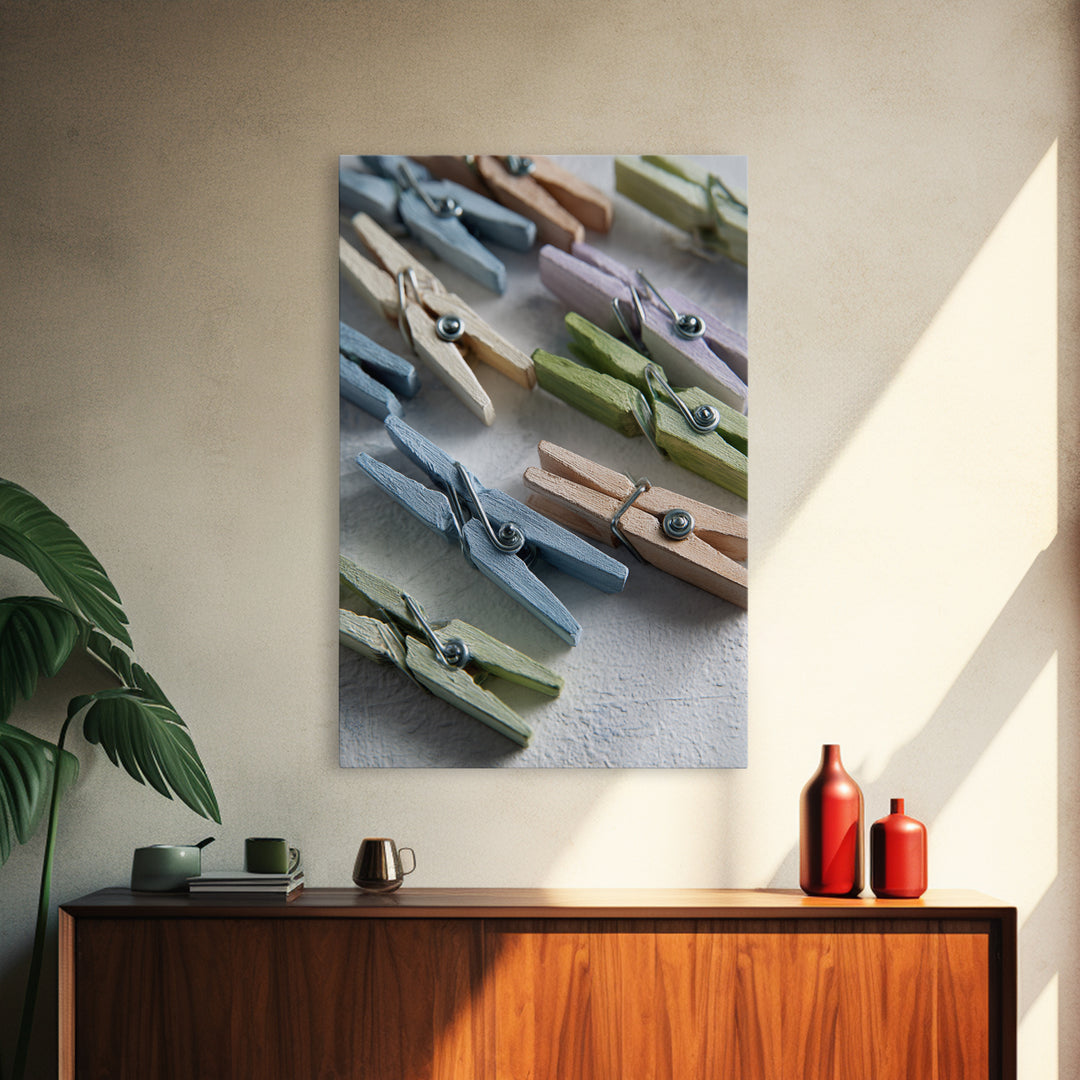 Cheerful Clothespins Arranged as Pattern Canvas Print, Laundry Room Art, Farmhouse Wall Art, Living Room Decor, Clean, LRA-2x3-36