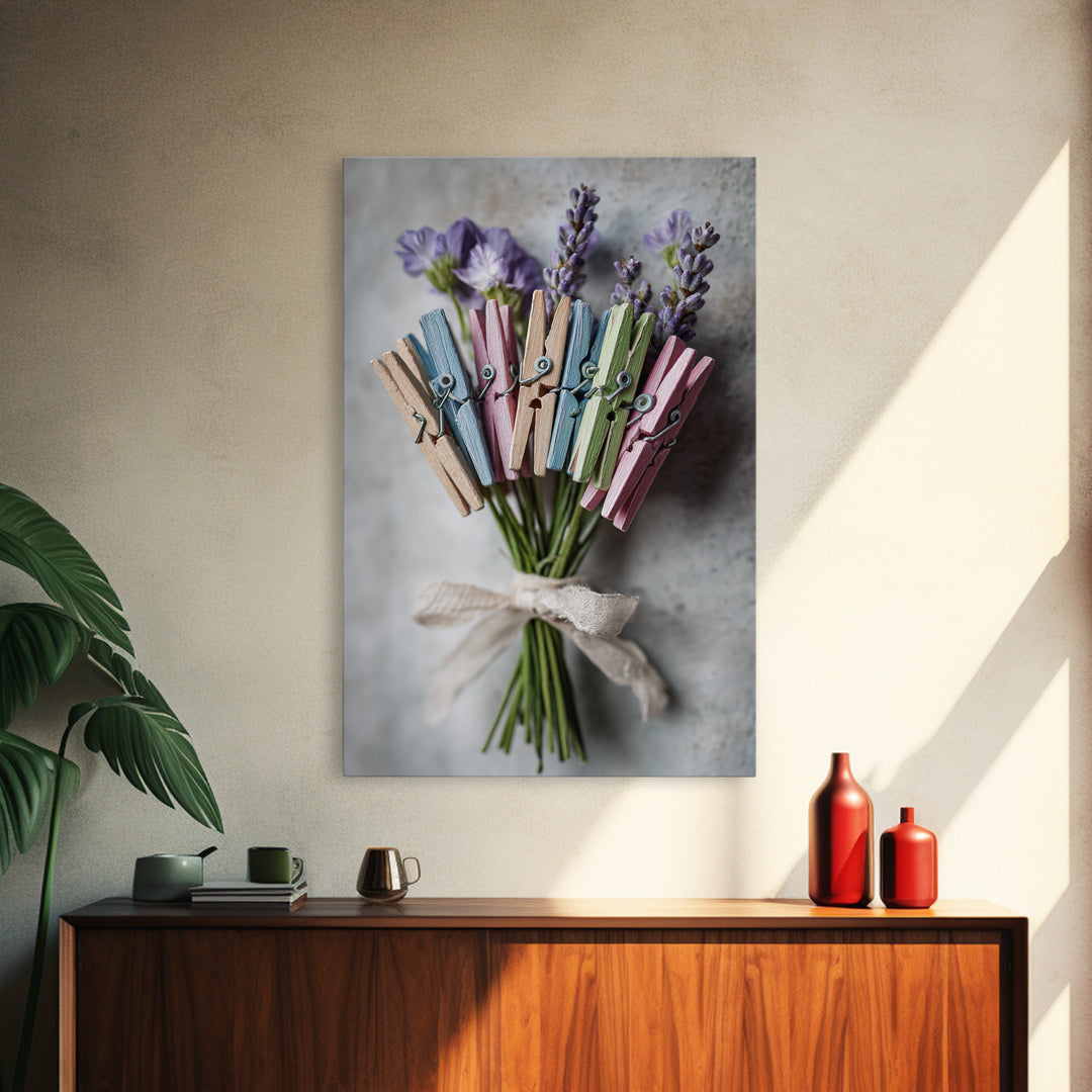 Clothespin Bouquet in Folk Art Style Framed Canvas Print, Laundry Room Art, Statement Artwork, Living Room Decor, Clean, LRA-2x3-4