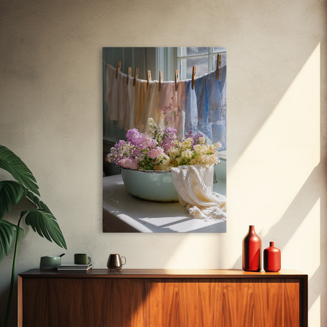 Old Enamel Basin Filled Canvas Print, Laundry Room Art, Fine Art Print, Living Room Decor, Watercolor Art, Clean, Painting, LRA-2x3-40