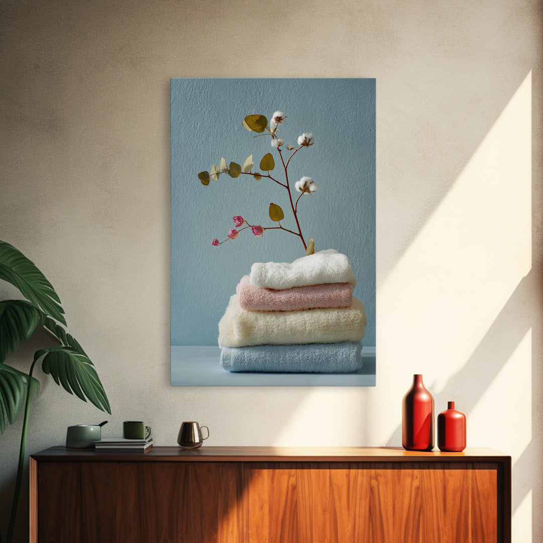 Sunlit White Towels and Eucalyptus Branch Framed Canvas Print, Laundry Room Art, Contemporary Art, Living Room Decor, Clean, LRA-2x3-43