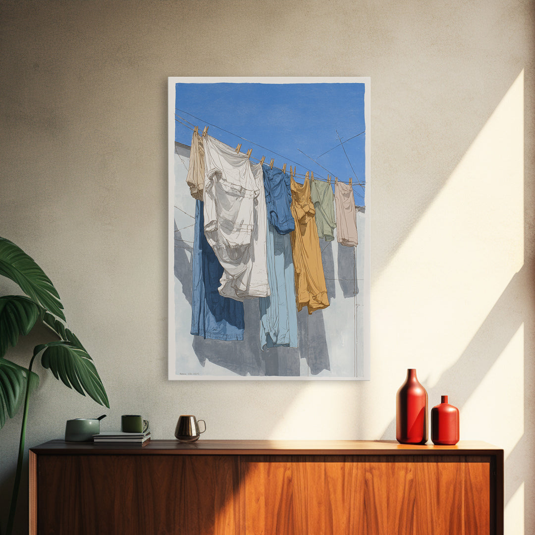 Simple Line Drawing of Hanging Laundry Framed Canvas Print, Laundry Room Art, Boho Decor, Living Room Decor, Abstract Art, LRA-2x3-48
