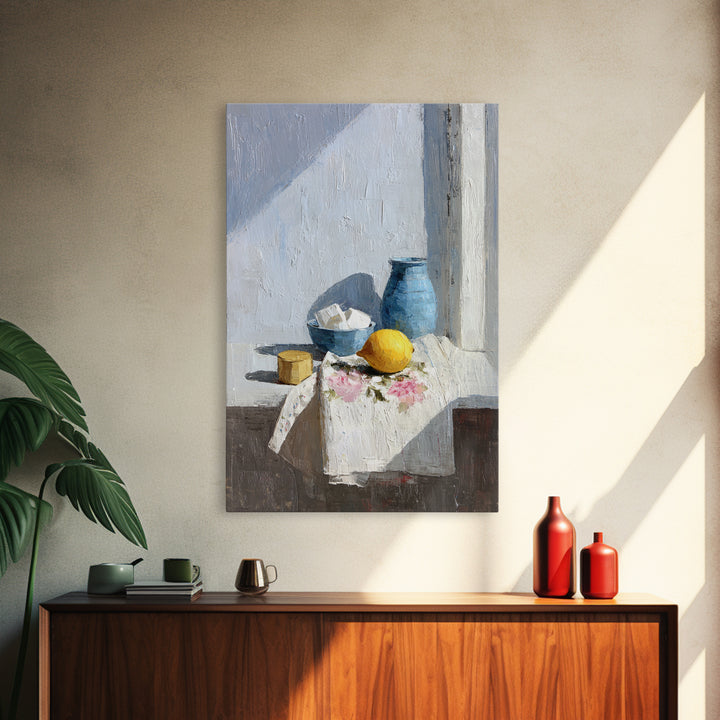 Lemon and Clean Linen Still Life Framed Canvas Print, Laundry Room Art, Digital Art, Living Room Decor, Abstract Art, Clean, LRA-2x3-59