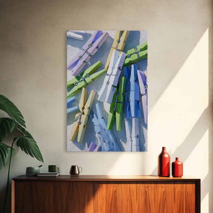 Cheerful Clothespins Arranged as Pattern Framed Canvas Print, Laundry Room Art, Home Decor, Living Room Decor, Fine Art, Clean, LRA-2x3-60