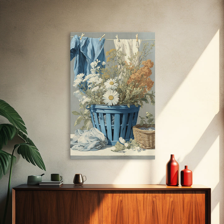 Blue Laundry Basket Canvas Print, Laundry Room Art, New Home Gift, Living Room Decor, Fine Art, Clean, Farmhouse Wall Art, LRA-2x3-61