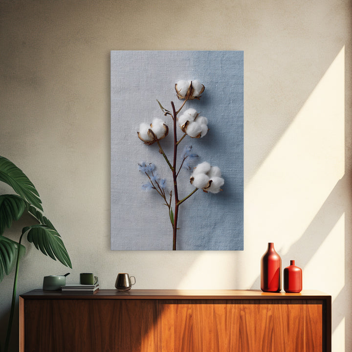 Fresh Cotton Branch Botanical Study Framed Canvas Print, Laundry Room Art, Printable Wall Art, Living Room Decor, Clean, LRA-2x3-63