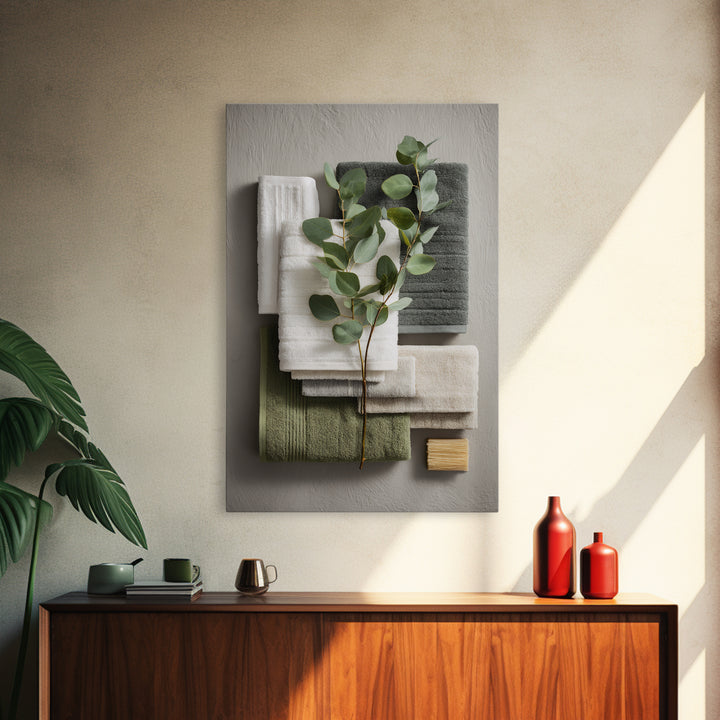 Sunlit White Towels and Eucalyptus Branch Canvas Print, Laundry Room Art, Oil Painting, Living Room Decor, Fine Art, Clean, LRA-2x3-67