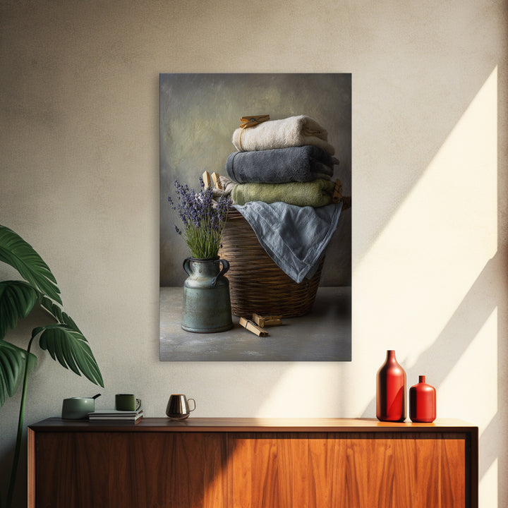 Basket of Folded Towels Canvas Print, Laundry Room Art, Painting, Living Room Decor, Fine Art, Clean, Wall Art Print, LRA-2x3-70