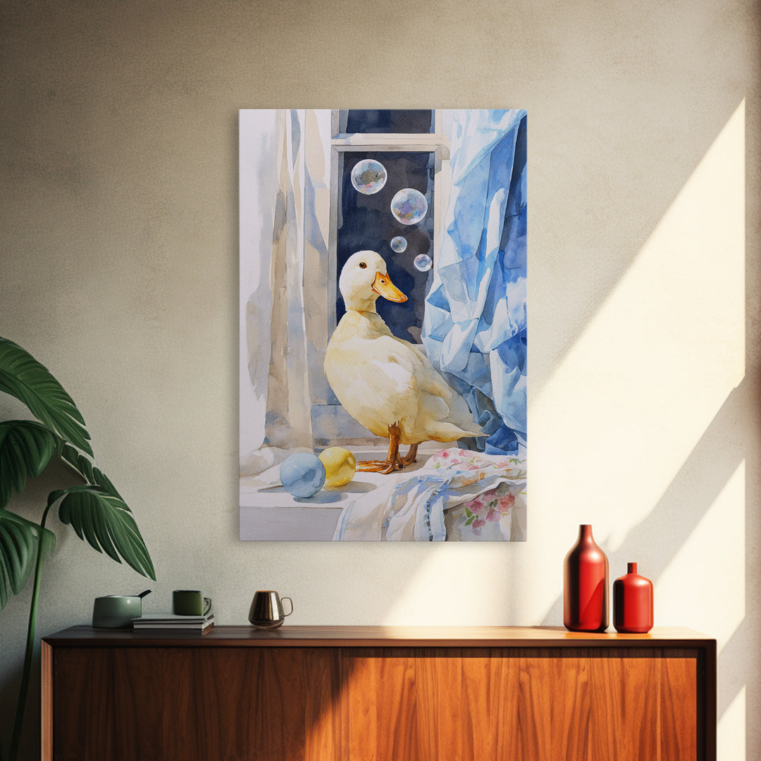 Duck and Bubbles Whimsical Watercolor Canvas Print, Laundry Room Art, Digital Wall Art, Living Room Decor, Fine Art, Clean, LRA-2x3-71