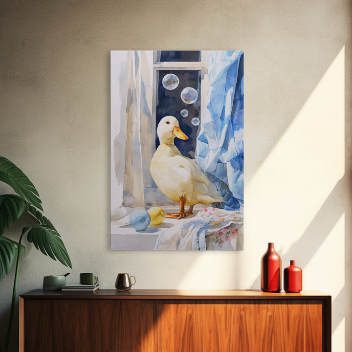 Duck and Bubbles Whimsical Watercolor Canvas Print, Laundry Room Art, Digital Wall Art, Living Room Decor, Fine Art, Clean, LRA-2x3-71