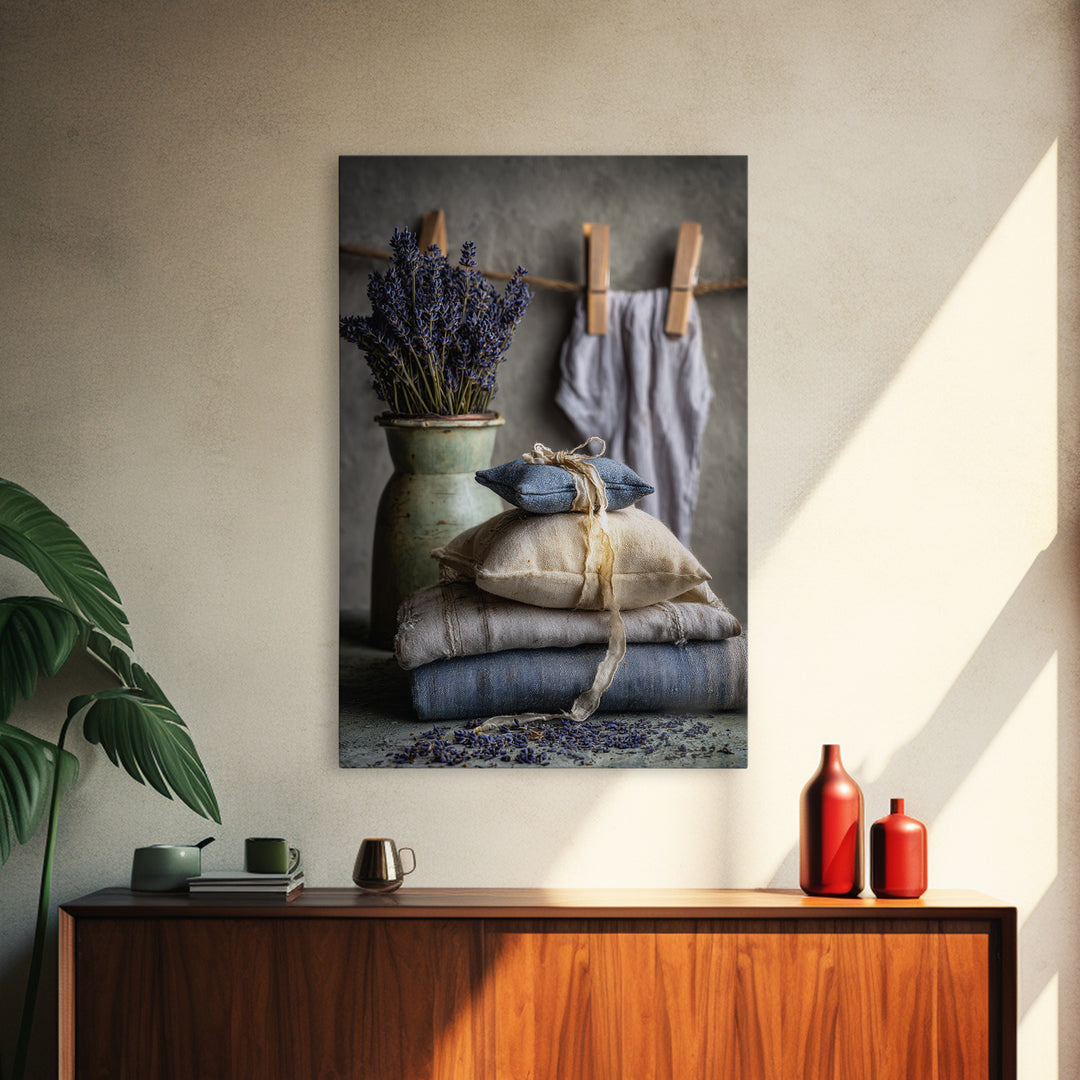 Lavender Sachet and Ribbon Still Life Framed Canvas Print, Laundry Room Art, Farmhouse Decor, Living Room Decor, Clean, LRA-2x3-73